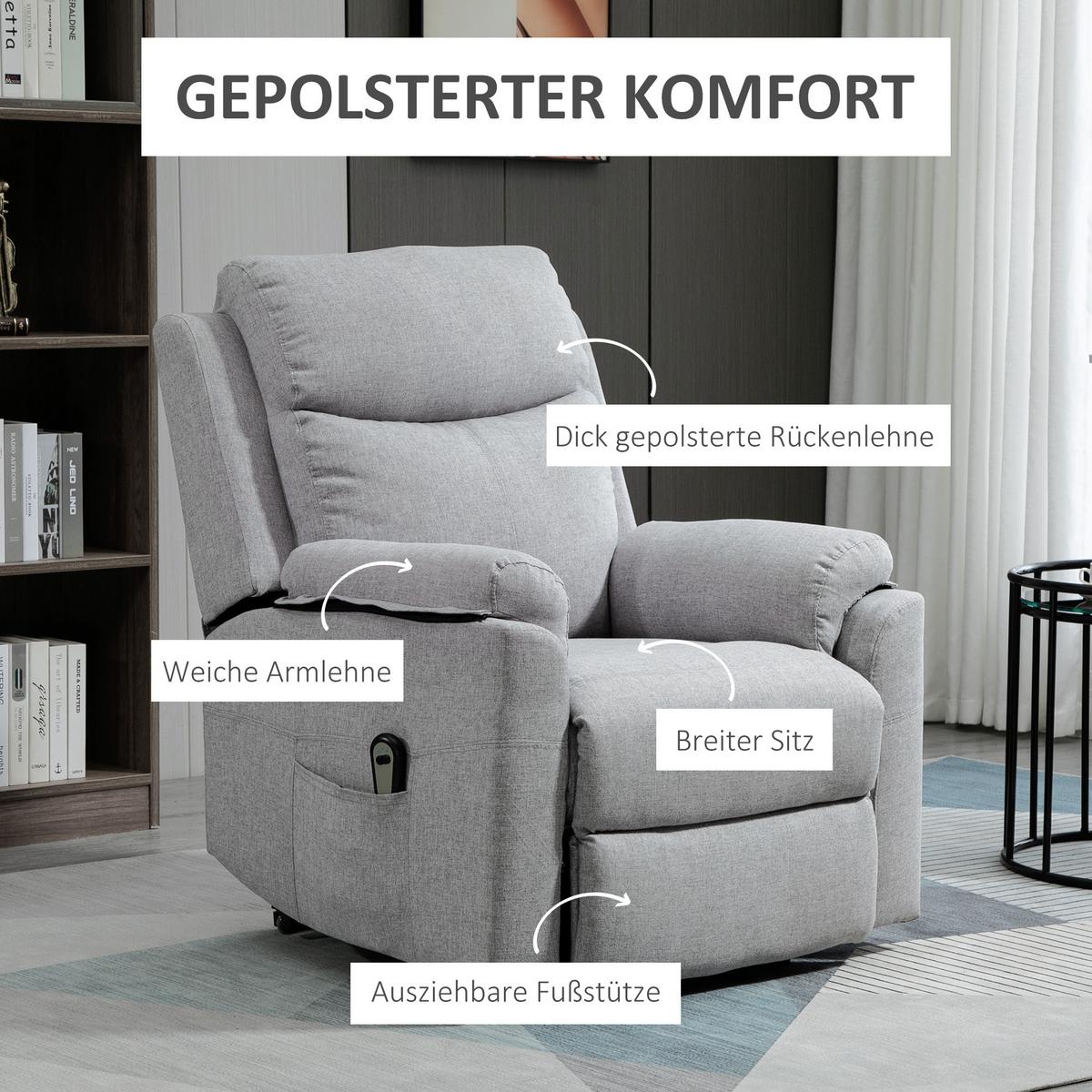 FERNSEHSESSEL mit Aufstehhilfe, Grau - Schwarz/Grau, Textil/Metall (89/102/83cm) - HOMCOM