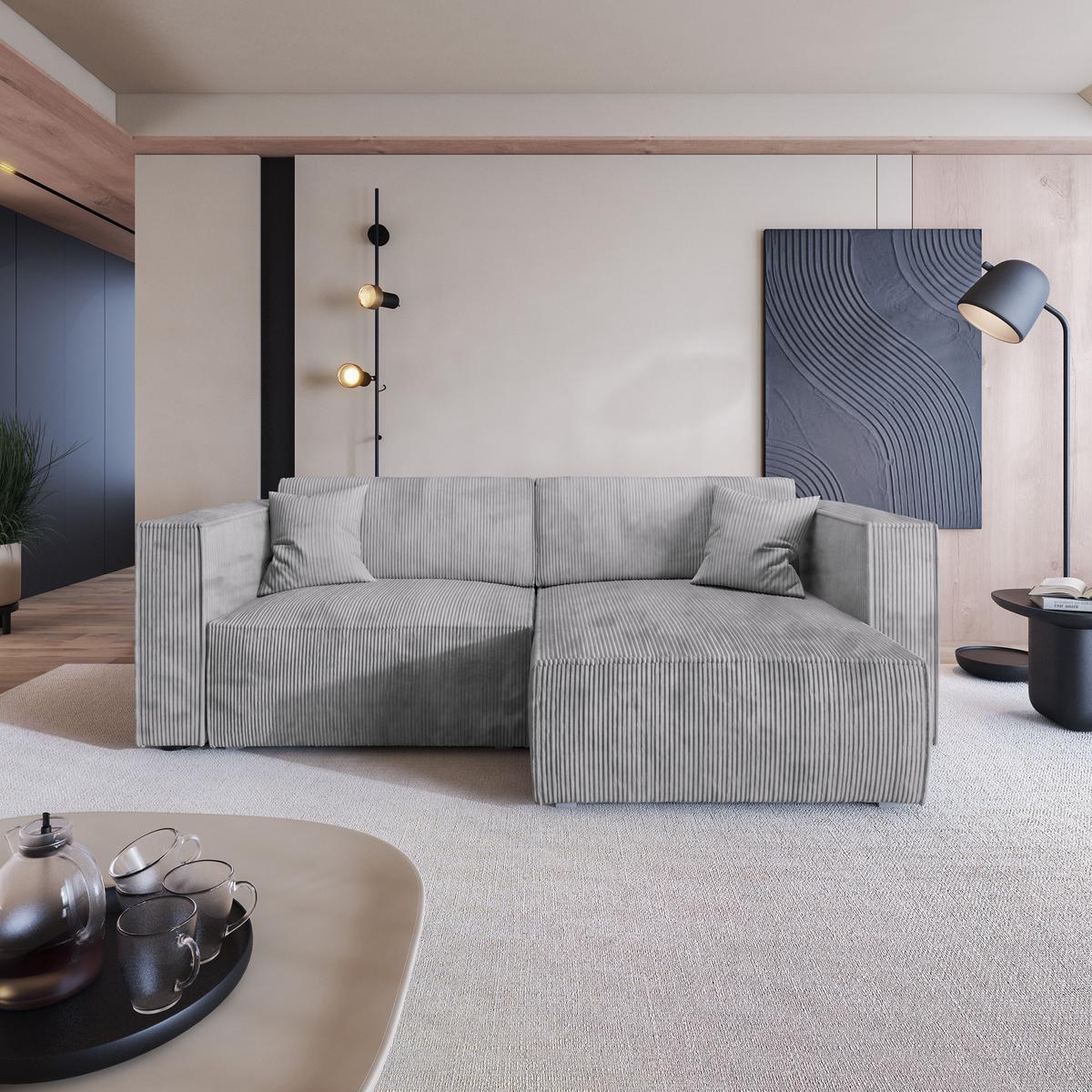 ECKSOFA NERIO P Hellgrau Kordstoff mit Schlaffunktion - Hellgrau/Grau, Holz/Kunststoff (245/148cm) - MASSENO