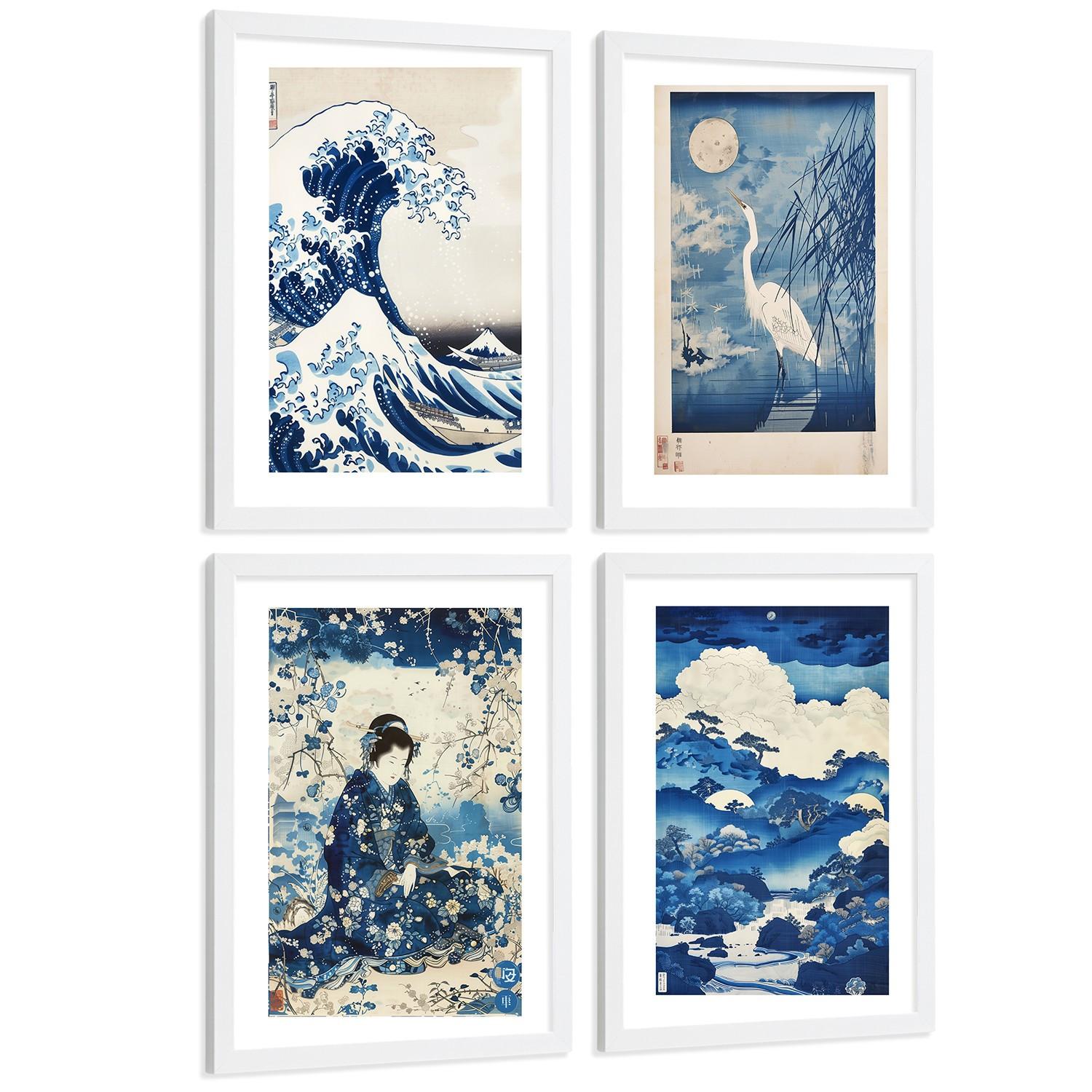 POSTER 4er Bilder-Set Wandbilder Japanisch modern Wohnzimmer Deko, Schlafzimmer, Küche, Badezimmer Weißer Rahmen A4 - Weiß, Papier (29.7/1/21cm) - Nacnic