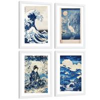 POSTER 4er Bilder-Set Wandbilder Japanisch modern Wohnzimmer Deko, Schlafzimmer, Küche, Badezimmer Weißer Rahmen A4 - Weiß, Papier (29.7/1/21cm) - Nacnic