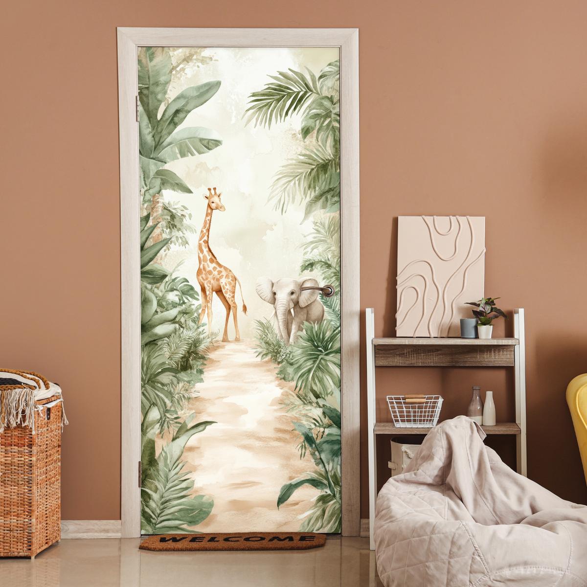 TÜRAUFKLEBER Dschungel - Giraffe - Elefant - Grün - Natur 90x215 cm - Türtapete - Eukalyptusholzfarben, Kunststoff (90/0.1cm) - MuchoWow