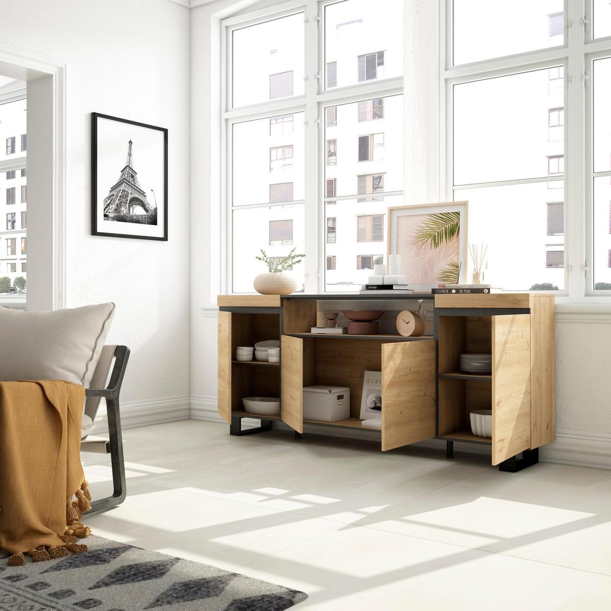 SIDEBOARD eiche, schwarz, 200/35/87cm - Multicolor, Holzwerkstoff (200/87/35cm) - Skraut Home