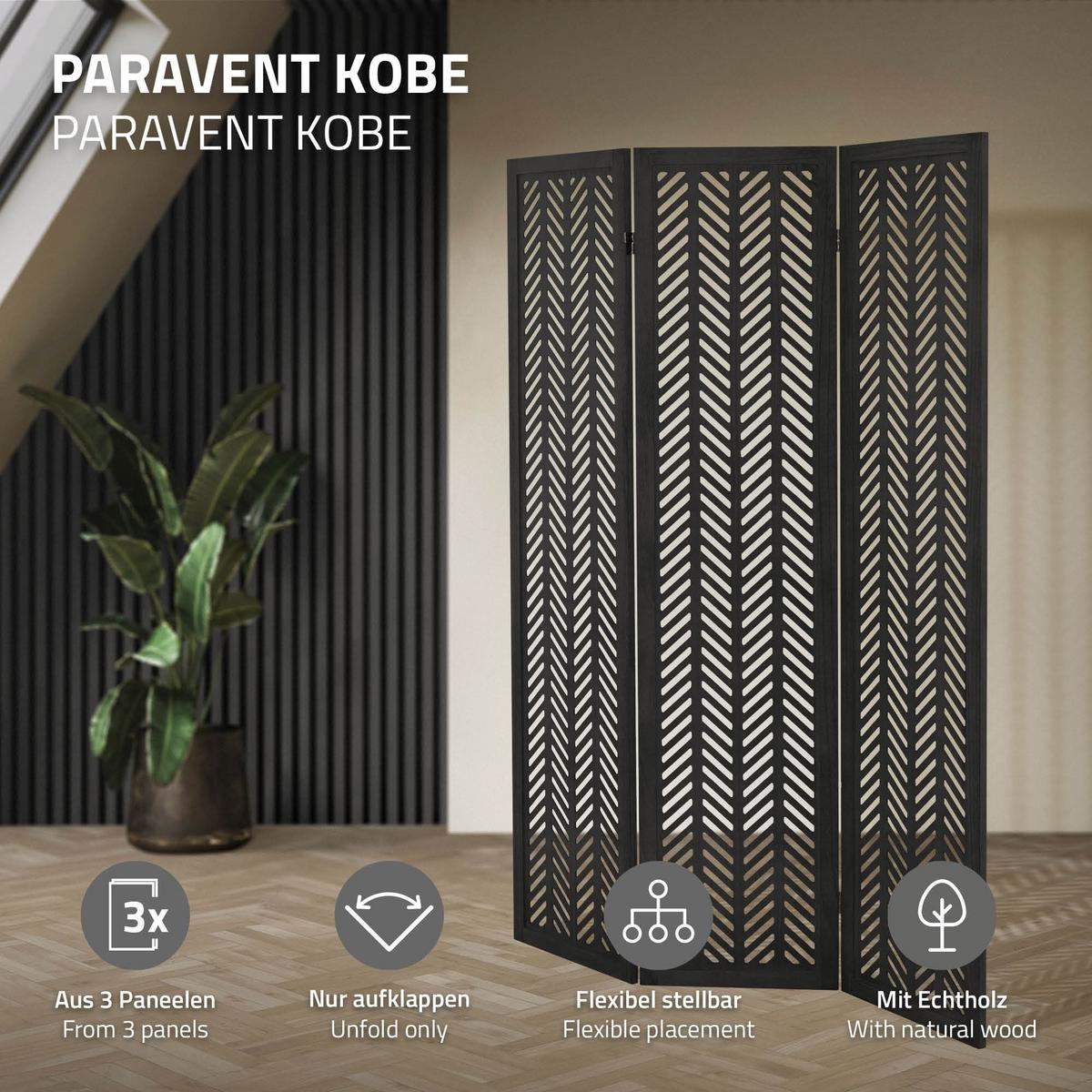 PARAVENT 3 teilig Kobe 170x121 cm Schwarz aus Holz - Schwarz, Holz (121/170/2cm) - ML-DESIGN