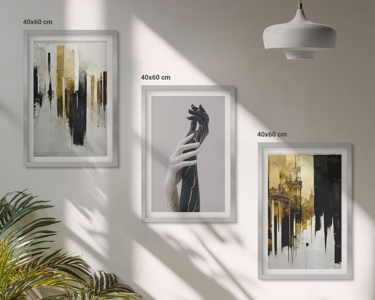 BILDER SET 3er Set - 40x60 cm Silberner Rahmen - Abstrakte handgemalte Muster - Silberfarben, Kunststoff (40/60cm) - TULUP