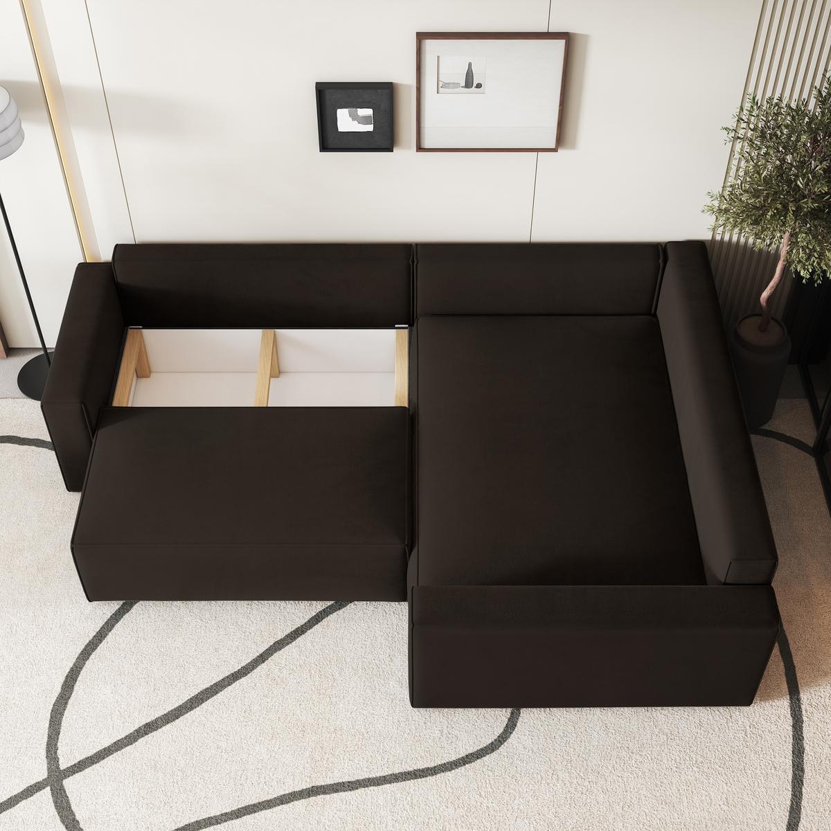 ECKSOFA ERONIS R-S Braun Velours-Stoff mit Schlaffunktion - Braun, Holz (265/194cm) - MASSENO