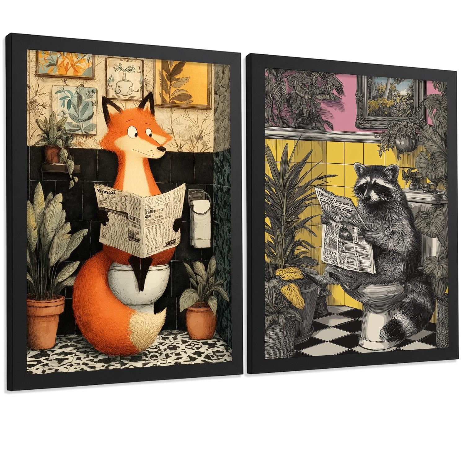 POSTER 2er-Set dekorative Badezimmer-Kunstdrucke, künstlerische für Wand, Toilette mit Tieren auf der Toilette, Vintage Schwarzer Rahmen A3 - Schwarz, Papier (42/29.7/3cm) - Nacnic