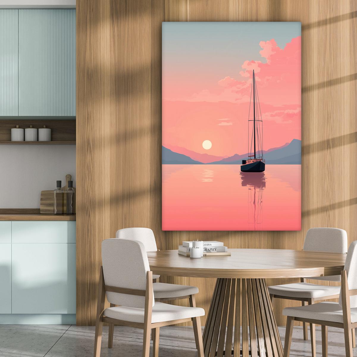 LEINWANDBILD Segelboot - Rosa Meer - Sonnenuntergang - Berge Deko XXL 80x120 cm - Rosa, Textil (80/120cm) - MuchoWow