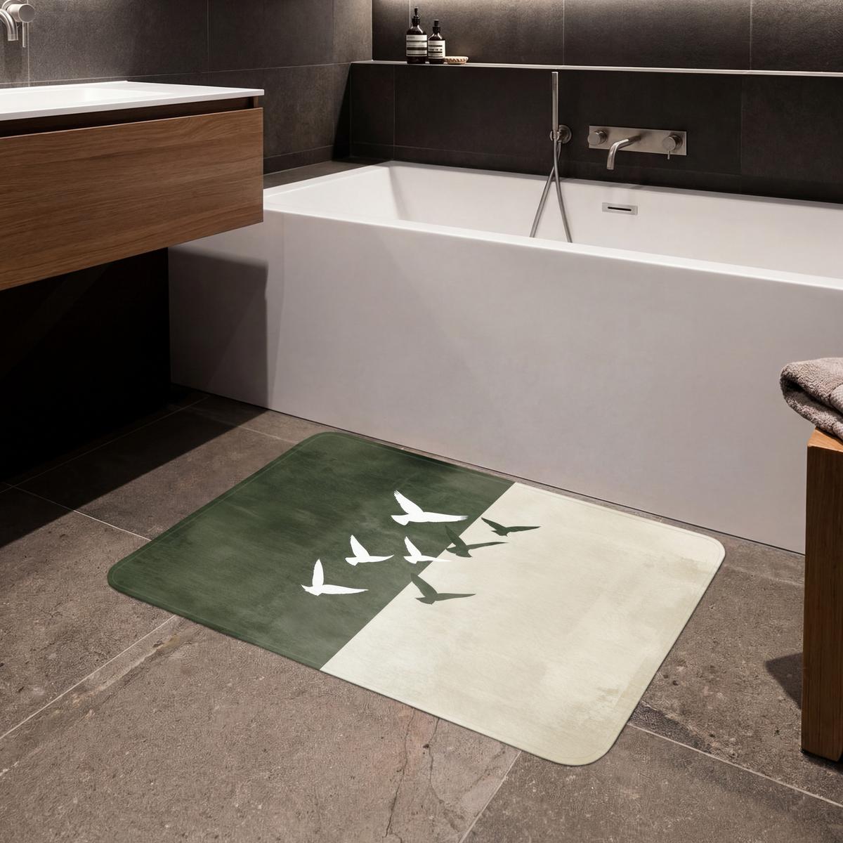 BADEMATTE Japandi - Vogel - Grün 90x60 cm - Olivgrün, Textil (90/60cm) - OnlyWow