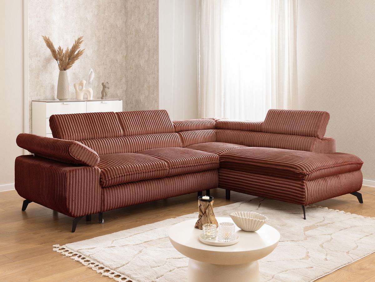ECKSOFA mit Schlaffunktion und Bettkasten Bonnie aus Terrakotta Cord-Stoff mit verstellbaren Kopfstützen und Armlehne - Ottomane rechts - Terracotta/Schwarz, Holz/Textil (275/210cm) - S-Style Möbel