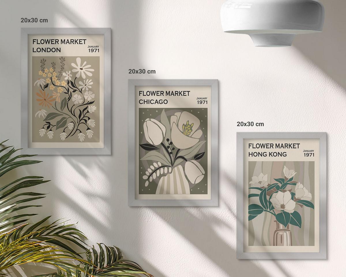 BILDER SET 3er Set - 20x30 cm Silberner Rahmen - Blumenmessen London Chicago Hongkong - Silberfarben, Kunststoff (20/30cm) - TULUP