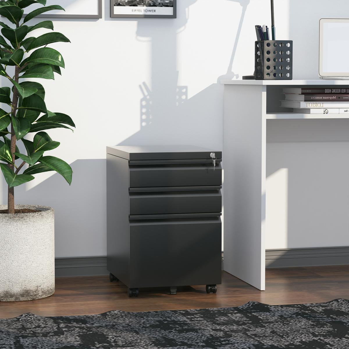 ROLLCONTAINER Aktenschrank Büroschrank mit 3 Schubladen Räder Stahl Schwarz - Schwarz, Metall (48/60/39cm) - Vinsetto