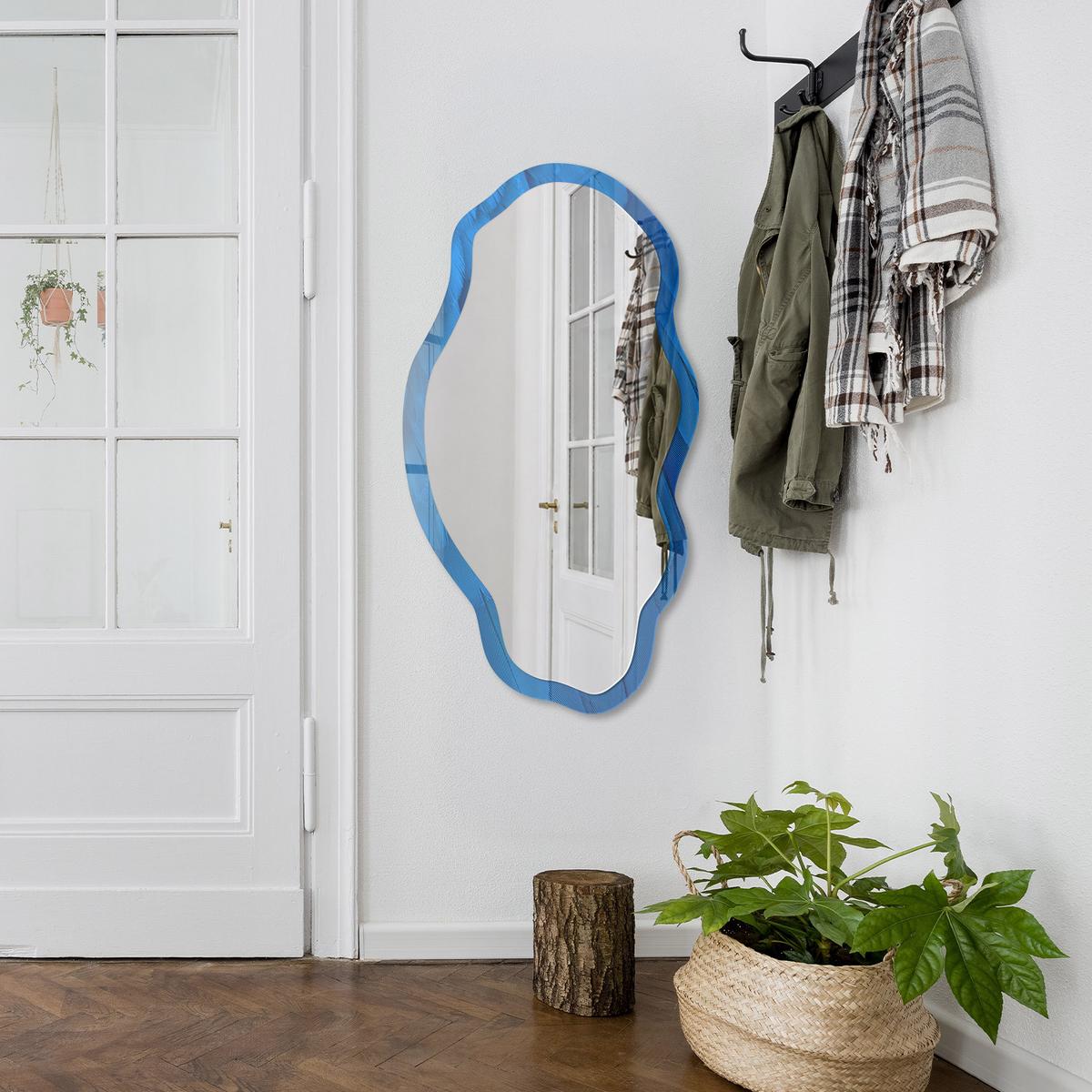 SPIEGEL 90x45 cm asymmetrisch mit Druck - Blaue Federn - Transparent, Glas (45/90/0.4cm) - TULUP