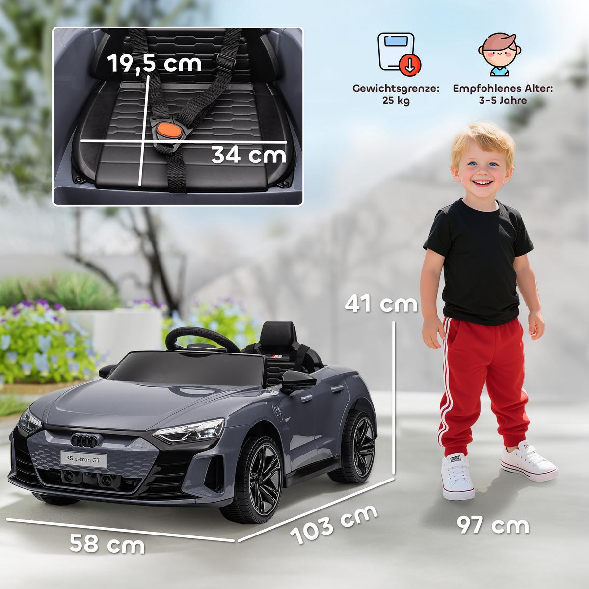KINDER-ELEKTROAUTO mit Fernbedienung, Hupe, Musik, Scheinwerfer, Gurt, Grau - Grau, Metall (103/58/41cm) - HOMCOM