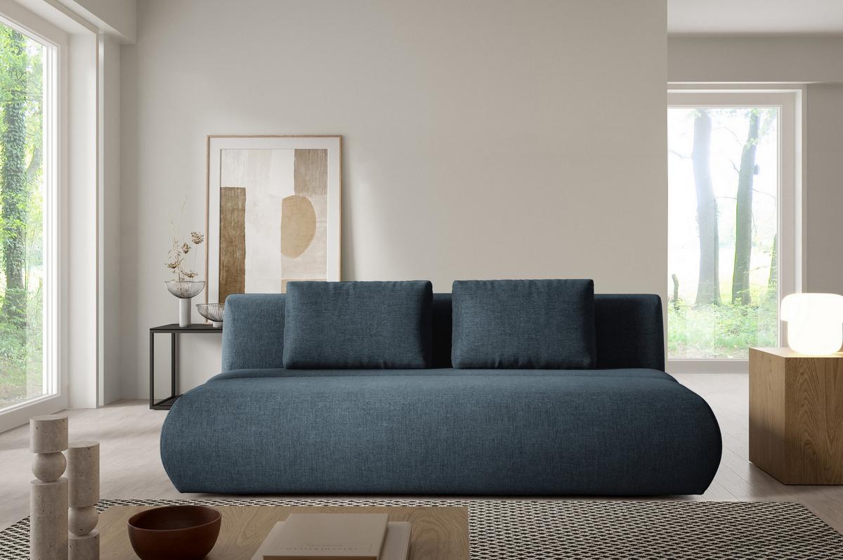 BETTSOFA ATOMO Blau Chenille-Stoff mit Schlaffunktion - Blau, Holz (217/82/134cm) - MASSENO
