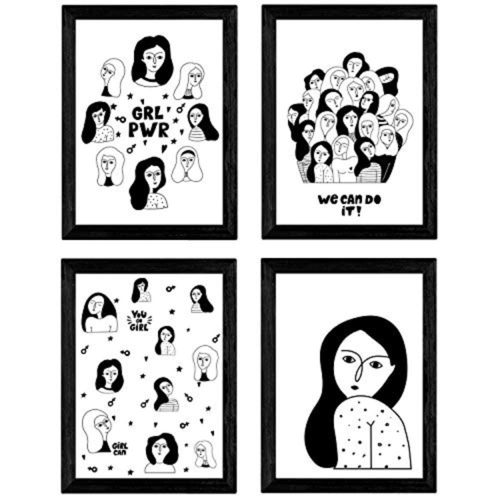 POSTER Set mit 4 Frauen, MädchenPower Zeichnungen von Frauen A3 Schwarzer Rahmen - Schwarz, Papier (29.7/3cm) - Nacnic