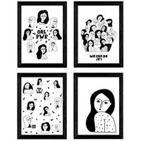 POSTER Set mit 4 Frauen, MädchenPower Zeichnungen von Frauen A3 Schwarzer Rahmen - Schwarz, Papier (29.7/3cm) - Nacnic