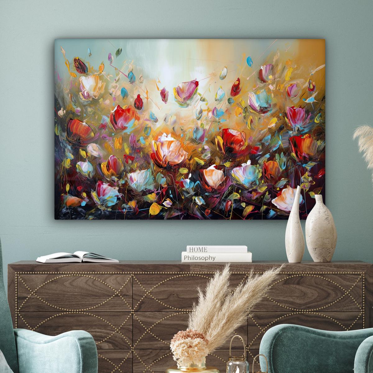 LEINWANDBILD Blumen - Kunst - Natur - Ölgemälde Groß 140x90 cm - Multicolor, Textil (140/90cm) - MuchoWow