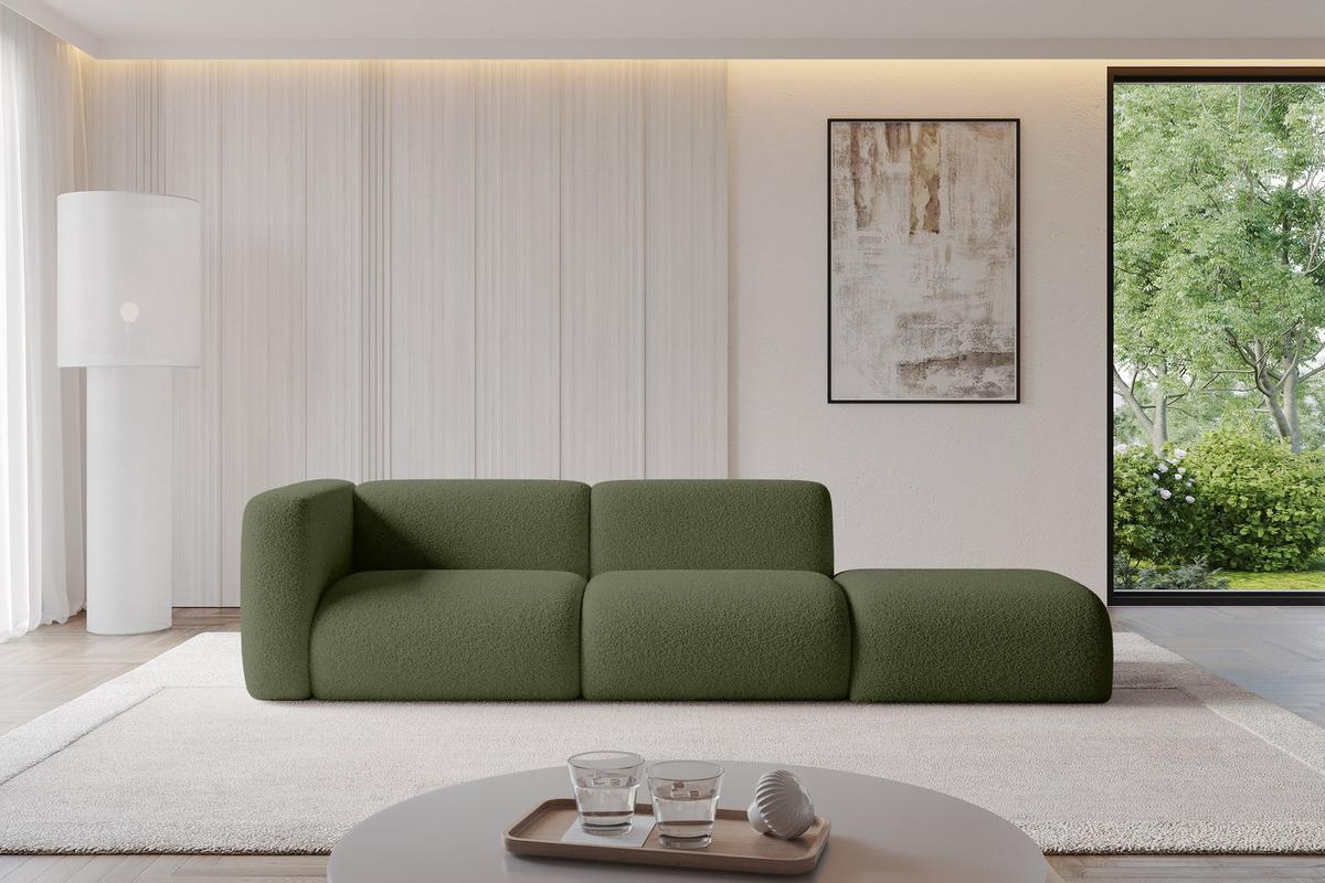 SOFA Ottomane Links MIRA-S3 296x89x70 Grün Bouclé - Schwarz/Olivgrün, Holzwerkstoff/Kunststoff (296/70/89cm) - ALTDECOR