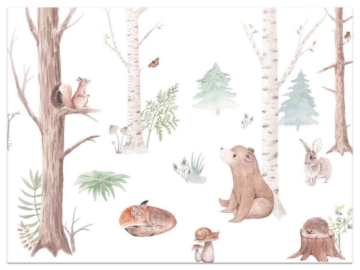 FOTOTAPETE für Kinderzimmer Wilde Waldtiere Aquarell Bäume 350x256 - Orange/Braun, Papier (350/256cm) - Muralo