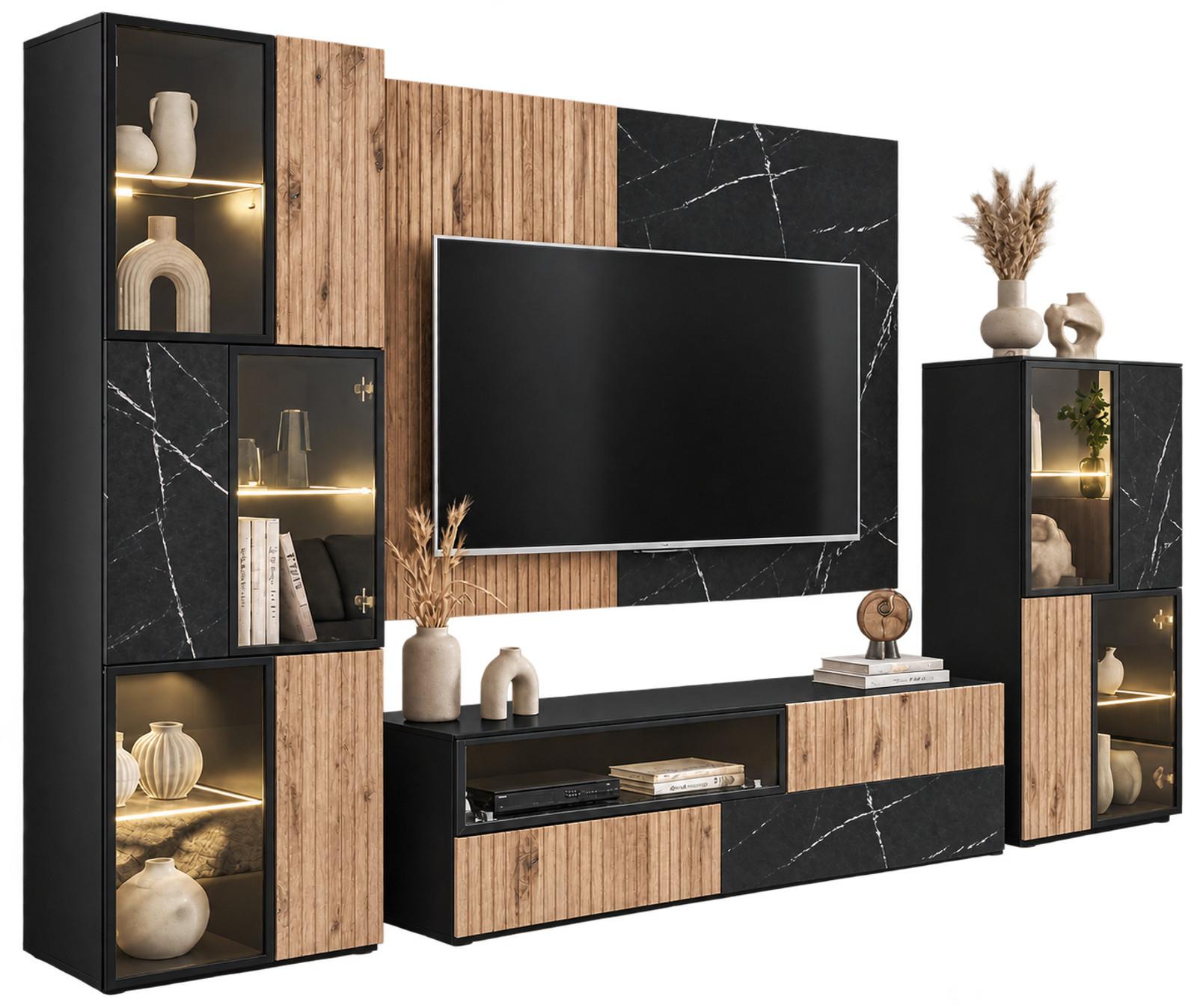 WOHNWAND Eiche, Marmor schwarz 300 cm, Anbauwand inklusive LED-Beleuchtung - Eichefarben/Schwarz, Glas/Holzwerkstoff (300/182/45cm) - Inn.Furn