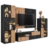 WOHNWAND Eiche, Marmor schwarz 300 cm, Anbauwand inklusive LED-Beleuchtung - Eichefarben/Schwarz, Glas/Holzwerkstoff (300/182/45cm) - Inn.Furn