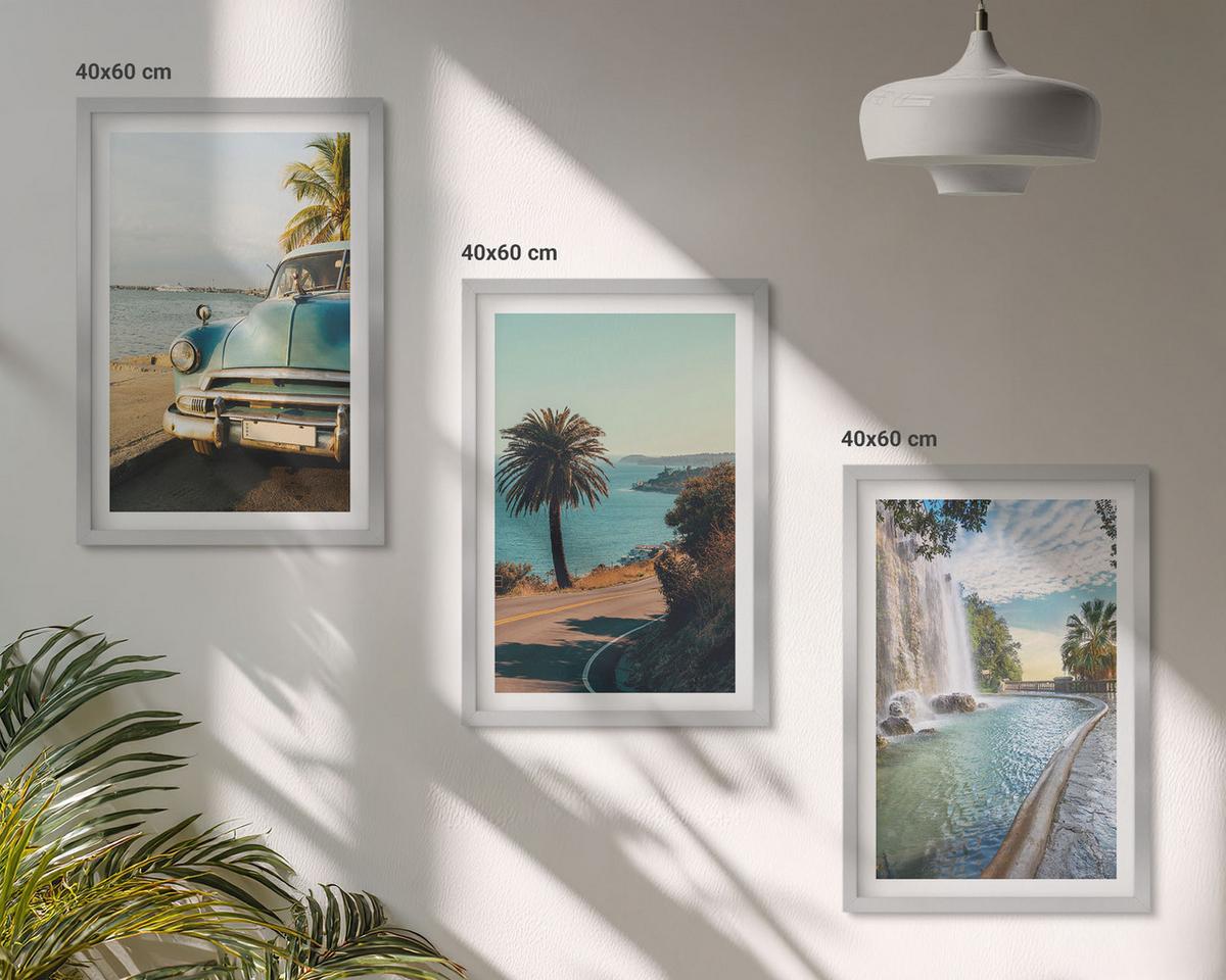 BILDER SET 3er Set - 40x60 cm Silberner Rahmen - Urlaub Palmen Wasserfall - Silberfarben, Kunststoff (40/60cm) - TULUP