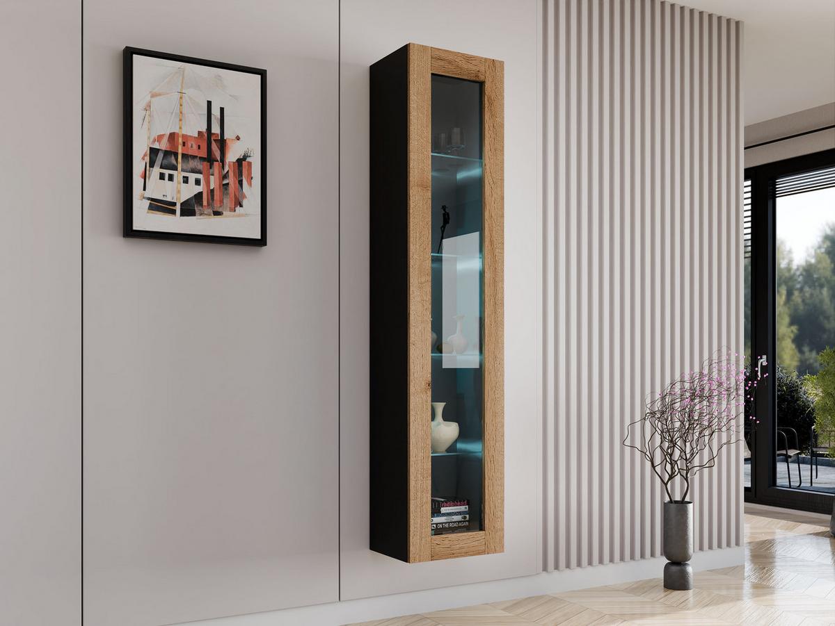 HÄNGEVITRINE 180 Vigo Glas mit RGB LED Beleuchtung - Eiche Wotan/Schwarz, Holzwerkstoff (40/180/30cm) - MIRJAN24
