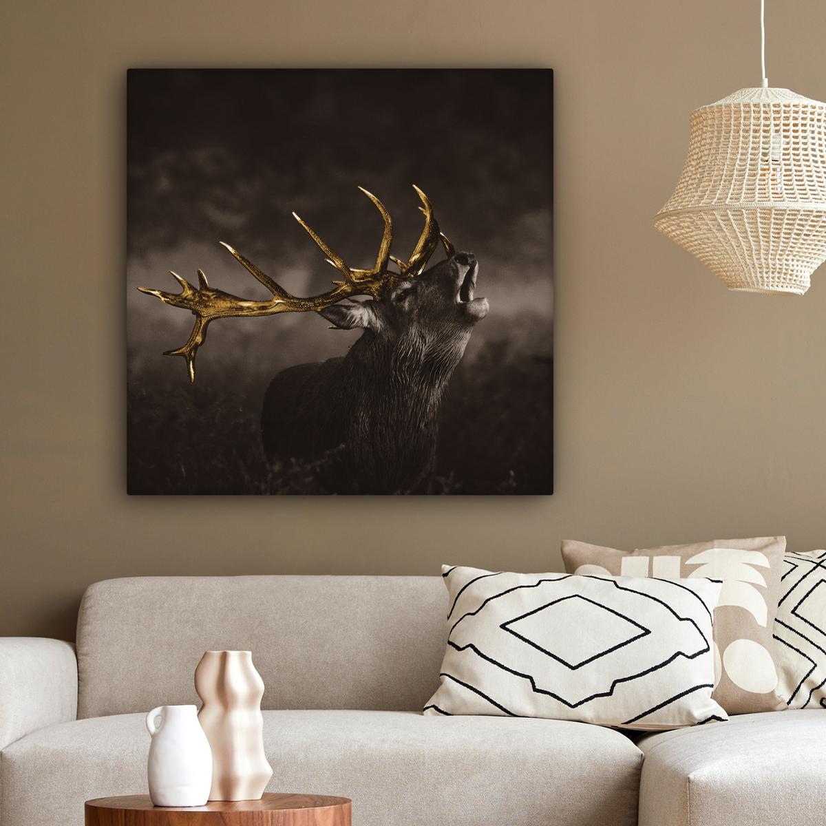 LEINWANDBILD Rotwild - Schwarz - Gold Deko Groß 90x90 cm - Braun, Textil (90/90cm) - MuchoWow