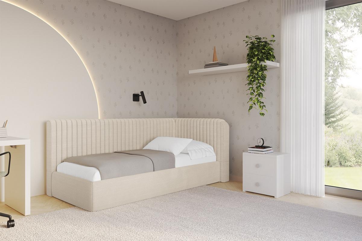 EINZELLBETT Jugendbett mit Bettkasten und Matratze H3/H4, Links - AURY 90x200 Beige - Creme, Holzwerkstoff/Textil (90/200cm) - ALTDECOR