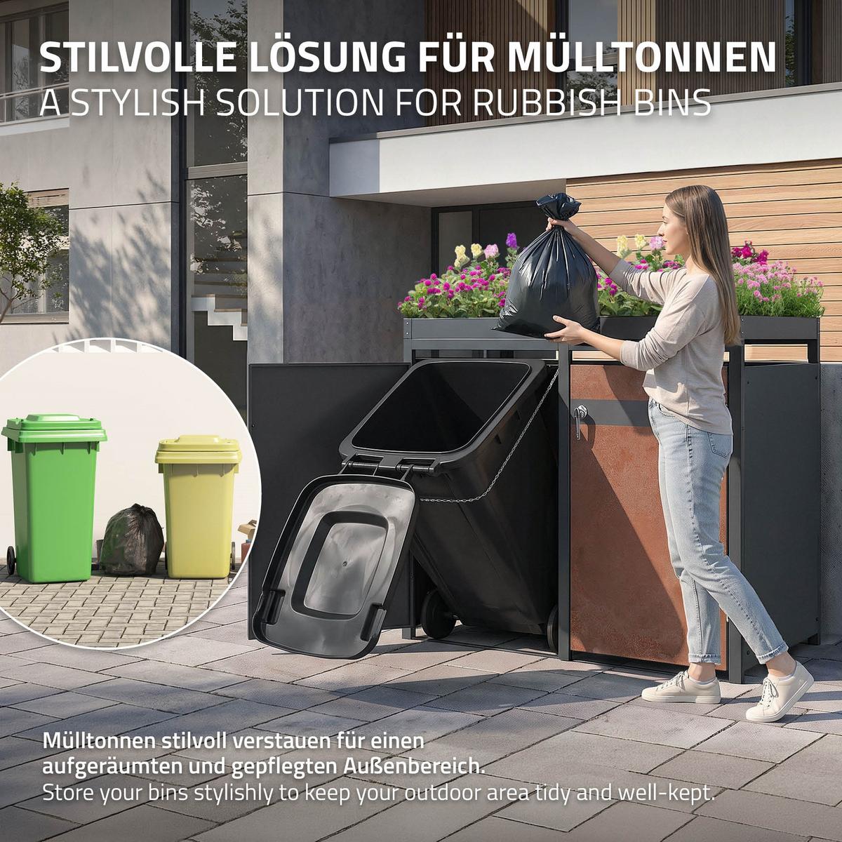 MÜLLTONNENBOX 2er mit Pflanzdach Anthrazit-Rostoptik - Rotbraun, Metall (132/124/80cm) - ML-DESIGN