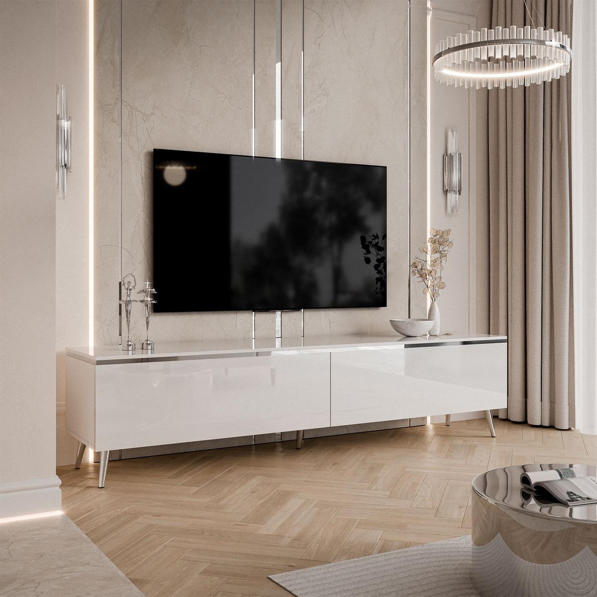 TV-SCHRANK AURORA SILVER 180 cm mit LED-Beleuchtung – schräge Chrombeine - Chromfarben/Weiß Hochglanz, Holzwerkstoff/Metall (180/45/40cm) - Lookway