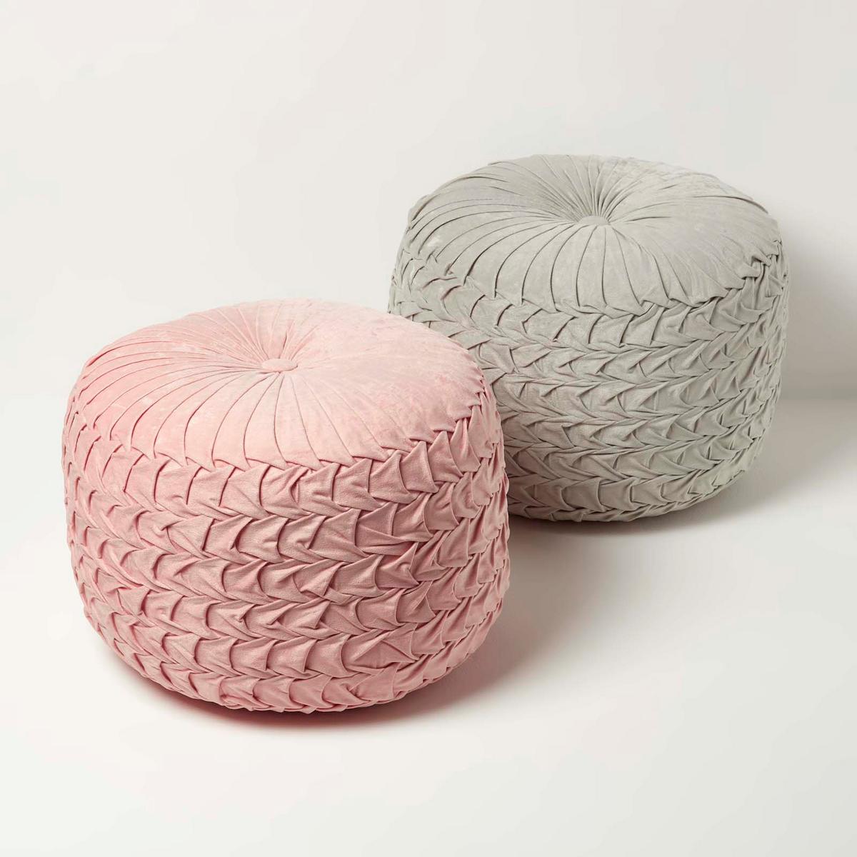 SAMT-POUF Grace grau, plissiert in Flechtoptik, 50/50/35 cm - Grau, Textil (50/35/50cm) - Homescapes