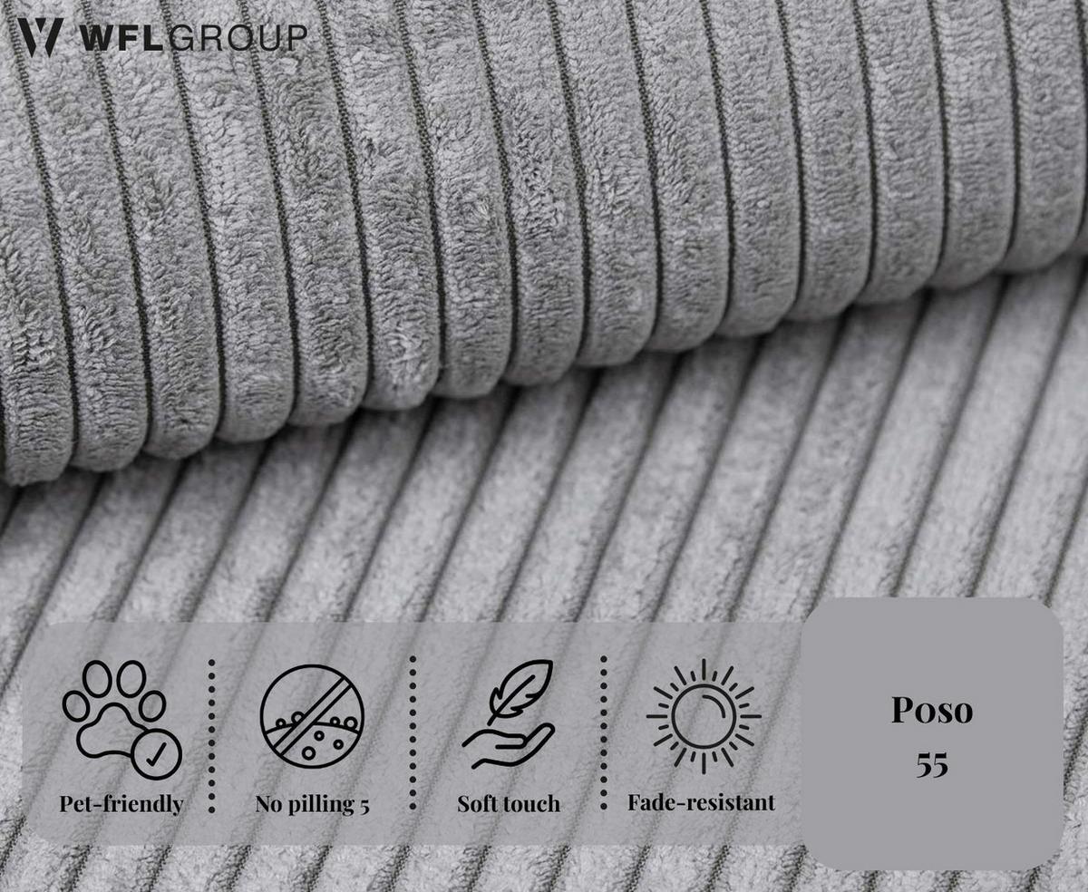 ECKSOFA Liv mit Schlaffunktion & Bettkasten in Cordstoff Hellgrau, Universell 260/154/86 cm - Hellgrau/Schwarz, Kunststoff/Textil (260/154cm) - WFL GROUP