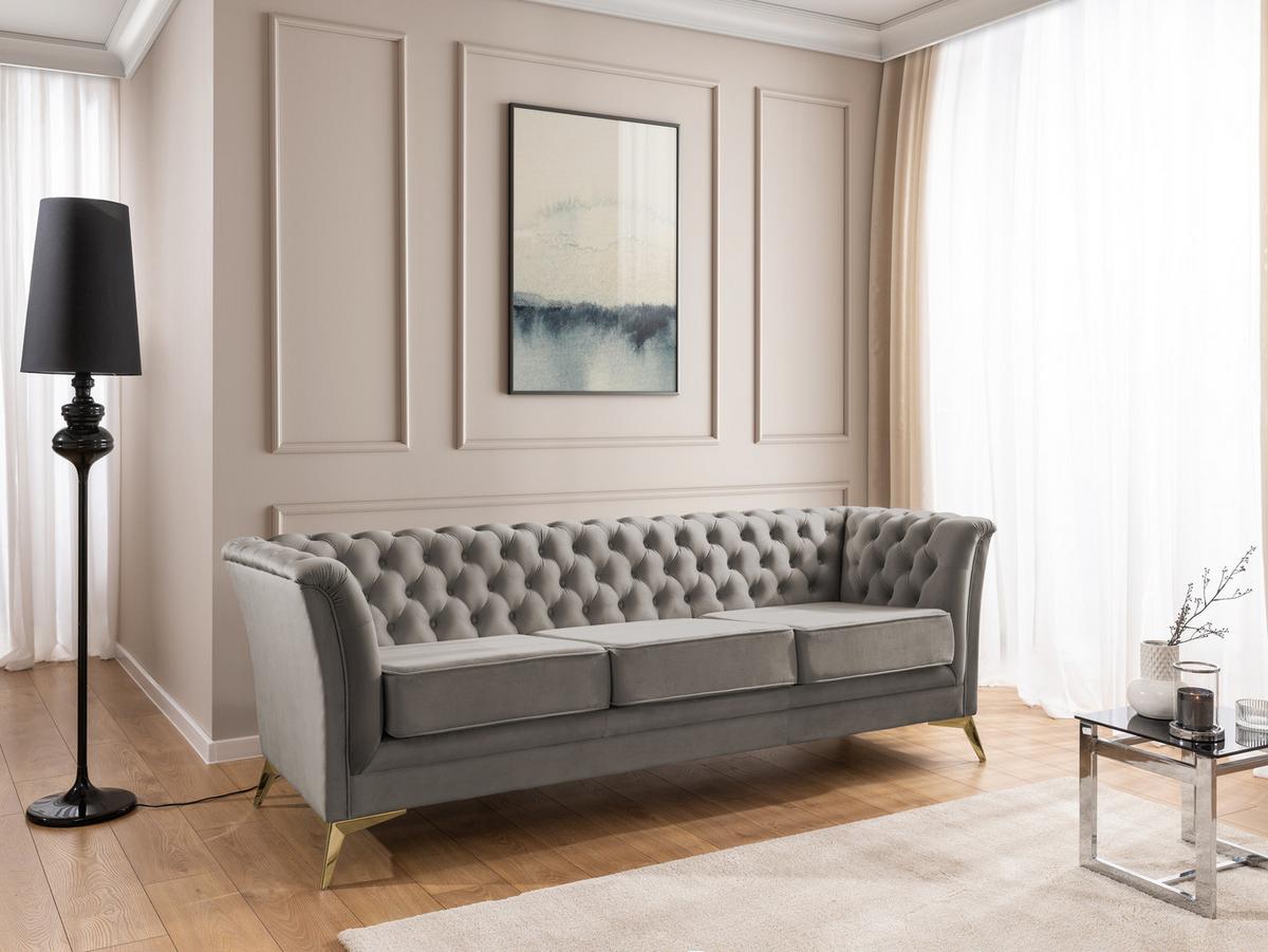 CHESTERFIELD-SOFA 3-sitzer Whitby Grau Samt mit goldenen Füßen - Goldfarben/Grau, Holz/Textil (237/78/82cm) - S-Style Möbel