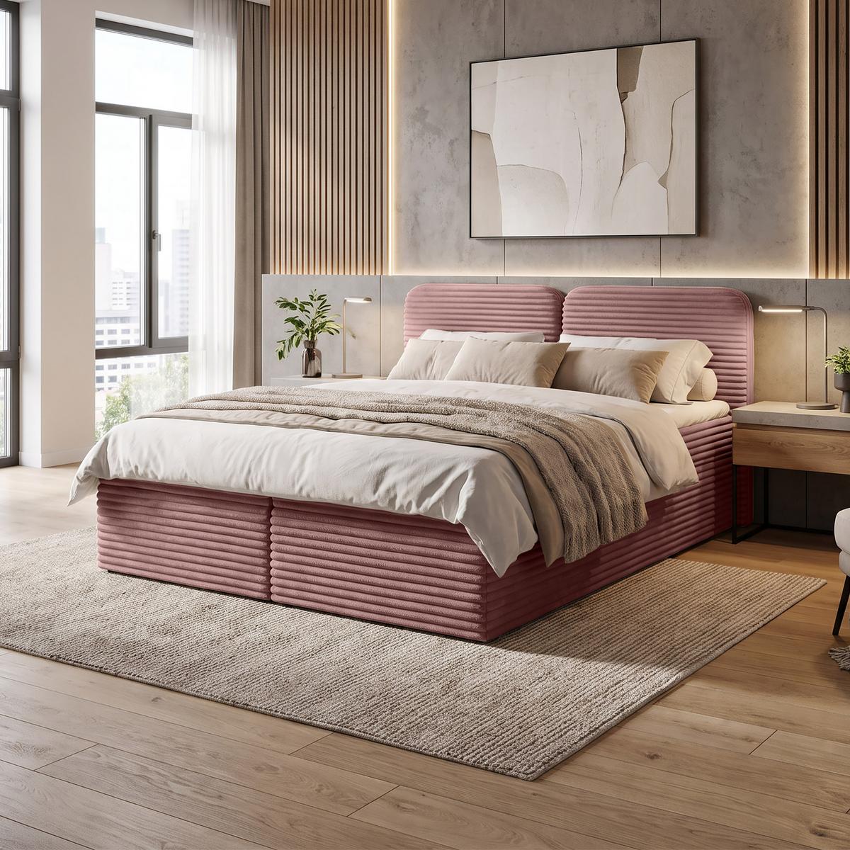 KONTINENTALBETT Lars 160x200 cm mit Topper, Bonnelmatratze, Cord-Stoff, Rosa - Rosa, Textil (160/200cm) - Beautysofa