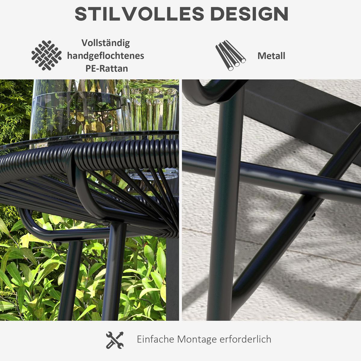 BALKONTISCH, Schwarz, Metall, PE Rattan - Schwarz, Kunststoff (50/50/50cm) - Outsunny