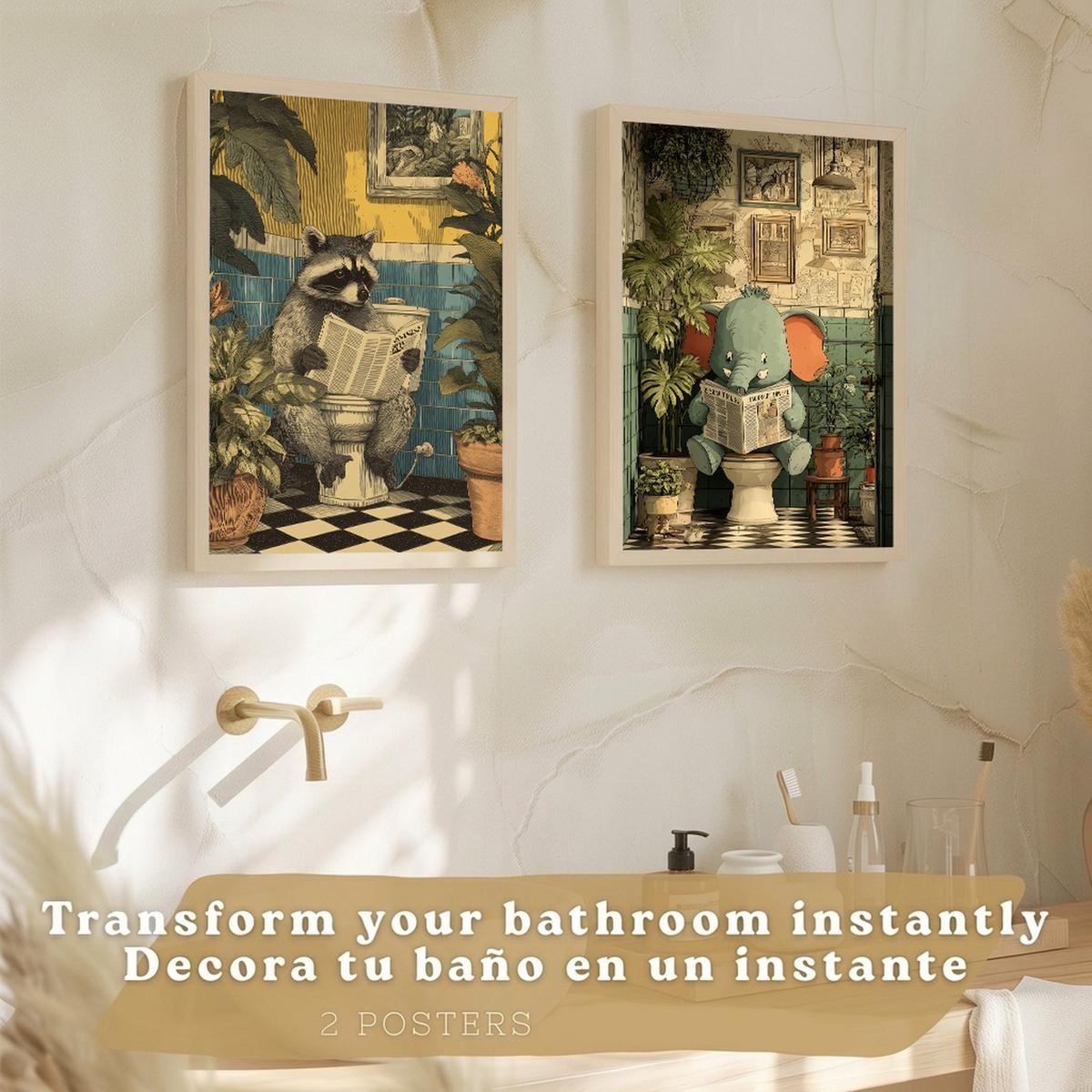 POSTER 2er-Set lustige Badezimmer-Kunstdrucke, Bilder mit lustigen Tieren auf der Toilette, witzige , Badezimmerdekoration, Dusche Rahmenlos A3 - Klar, Papier (42/29.7/3cm) - Nacnic