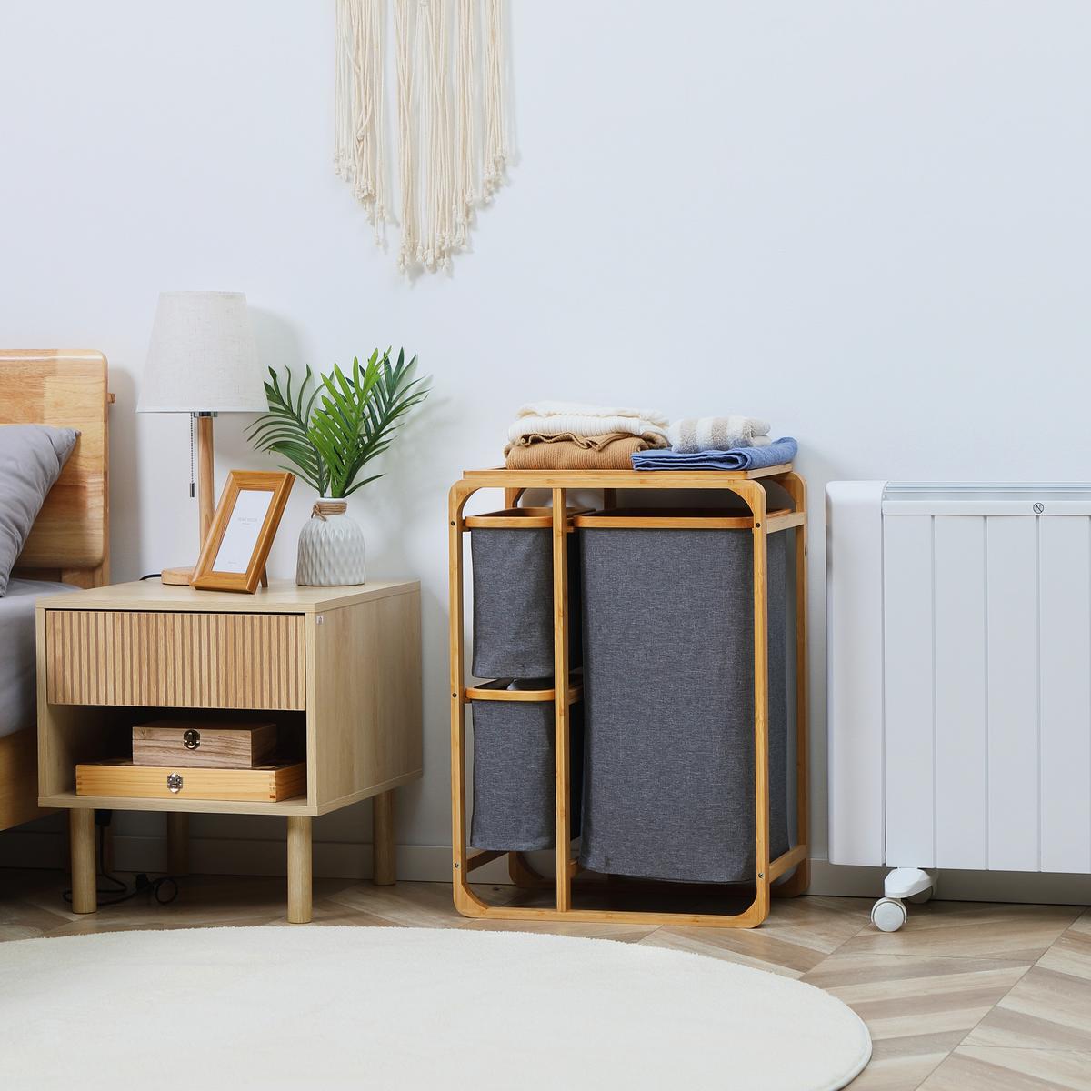 WÄSCHEKORB Wäschebox mit Plattform und 3 abnehmbaren Wäschesacke Wäschesammler - Multicolor, Naturmaterialien (32/69.7/50cm) - HOMCOM