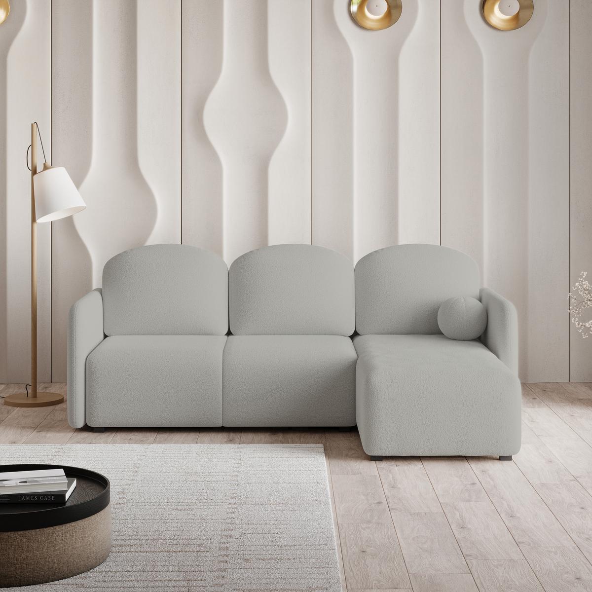 ECKSOFA SUVINO Hellgrau Boucle-Stoff mit Schlaffunktion - Hellgrau, Holz (230/143cm) - MASSENO