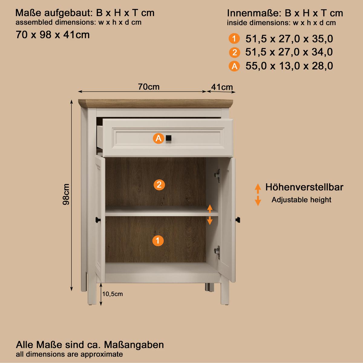 FLURKOMMODE Kaschmir, Stein Eiche Landhaus 70 x 98 cm, Schuhschrank mit Soft-Close - Kaschmir/Eichefarben, Holzwerkstoff/Kunststoff (70/98/41cm) - Top.Furn