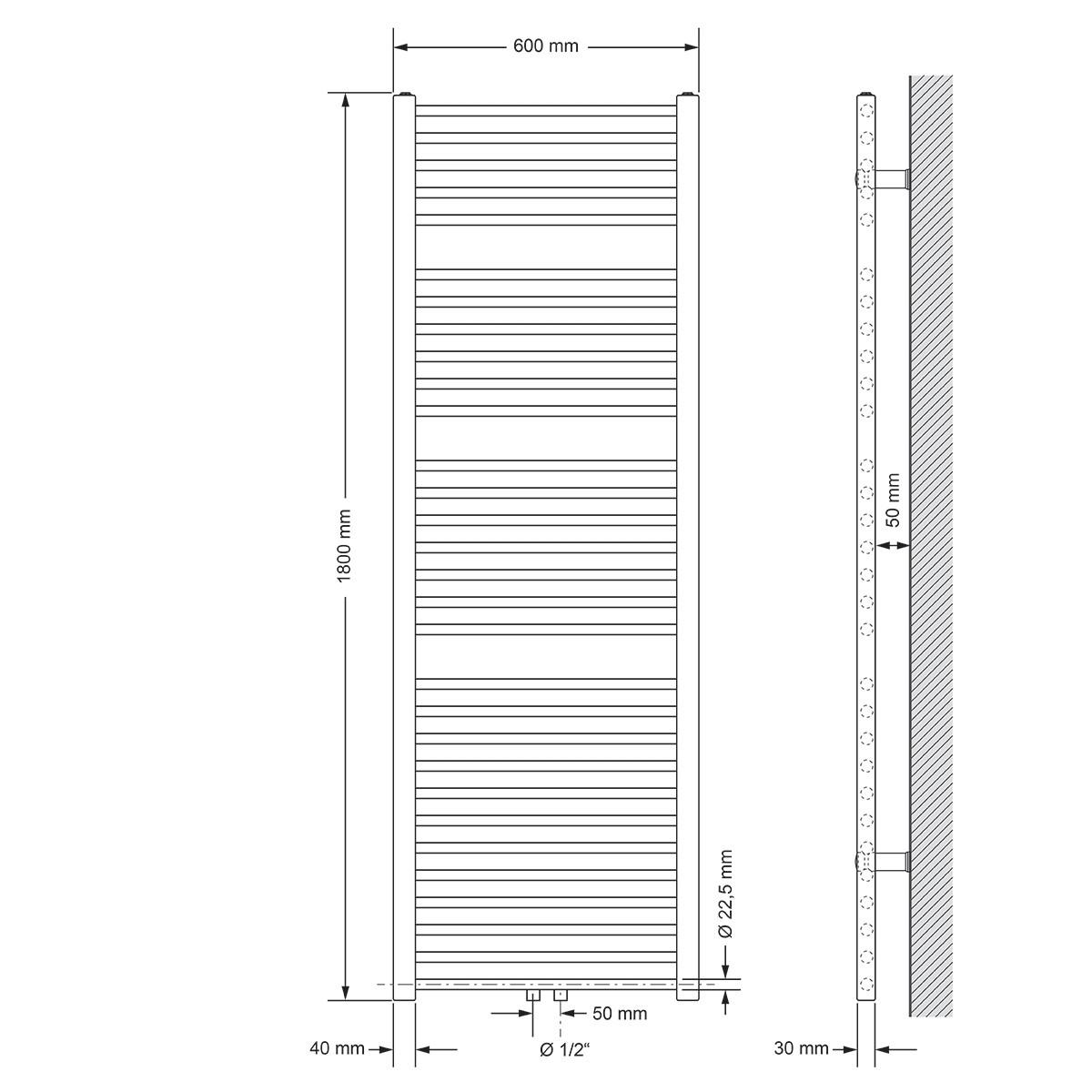 BADHEIZKÖRPER Sahara 600x1800 mm Weiß gerade mit Mittelanschluss - Weiß, Metall (60/180/3cm) - LuxeBath
