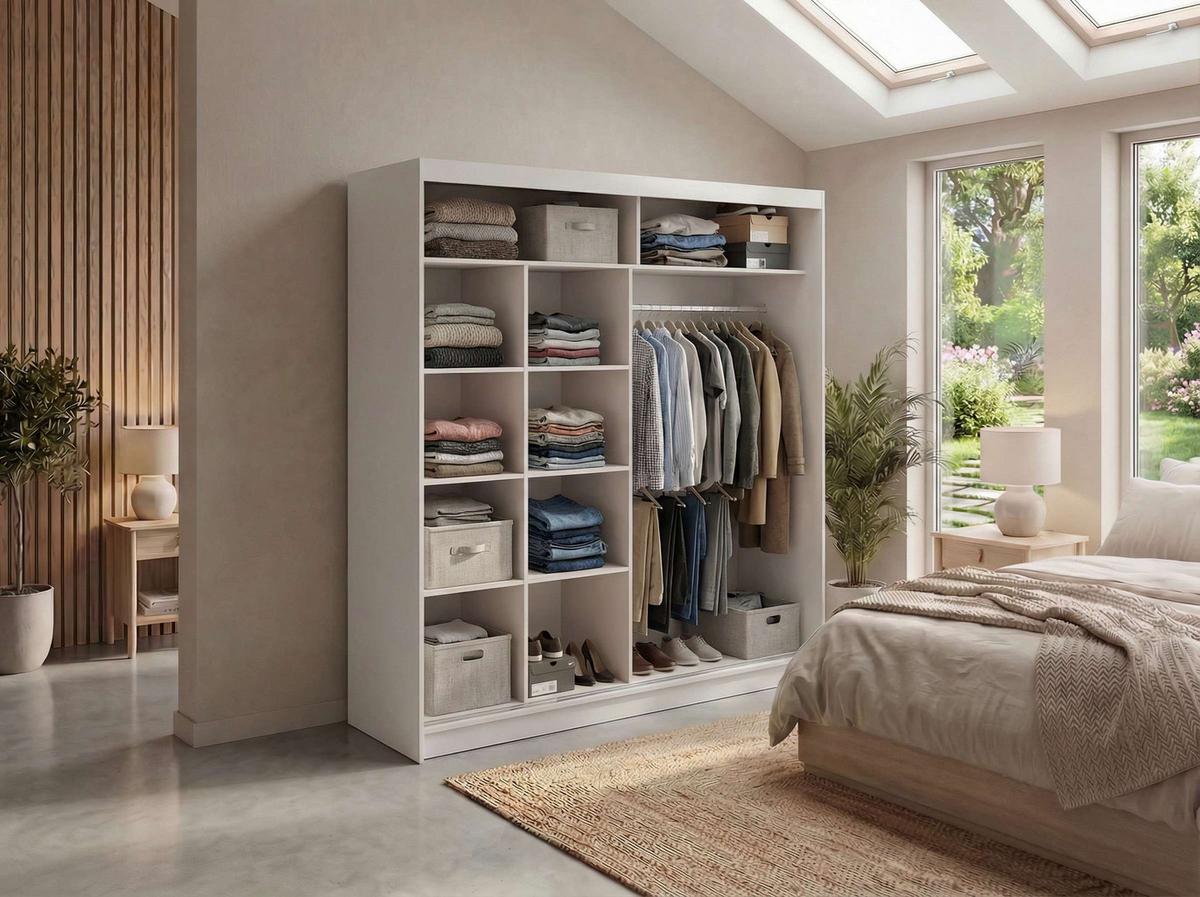 SCHWEBETÜRENSCHRANK mit Spiegel - WALENCJA - 200 - Kaschmir-Grau lacobel - Kaschmir/Alufarben, Holzwerkstoff/Metall (200/216/61cm) - MKS