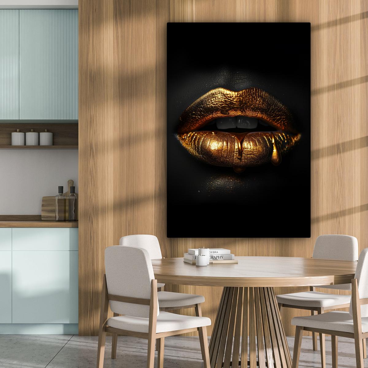 LEINWANDBILD Frau - Porträt - Lippen - Gold - Schwarz Deko Groß 90x140 cm - Schwarz, Textil (90/140cm) - MuchoWow