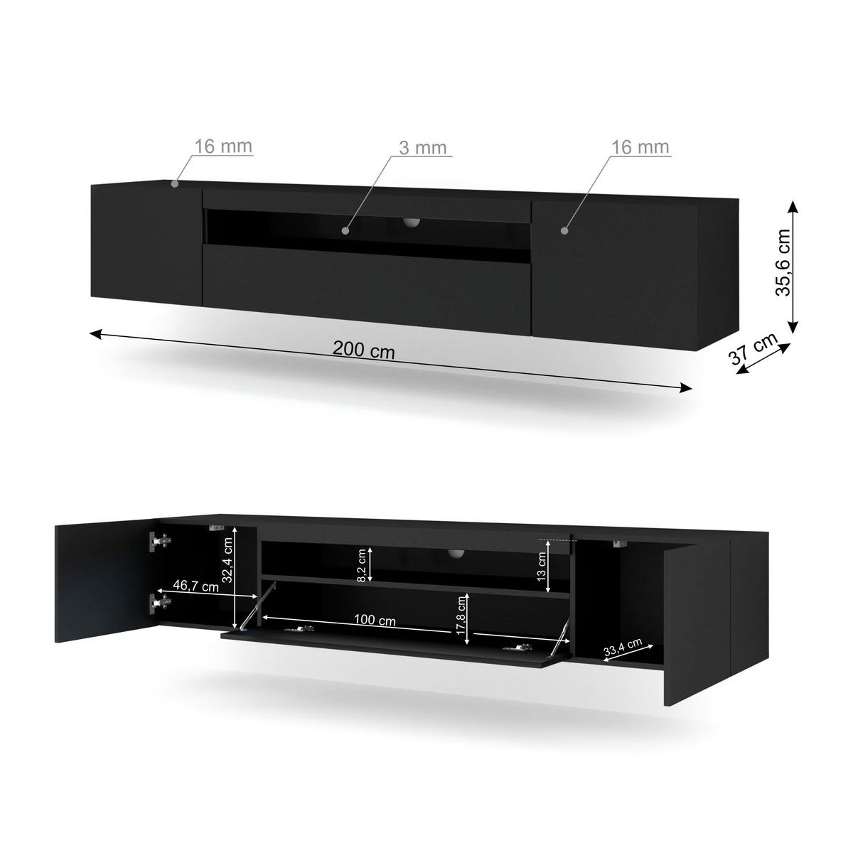 TV LOWBOARD Schwarz 200/42/37 - Schwarz, Holzwerkstoff (200/42/37cm) - RAUMHIRSCH FURNITURE