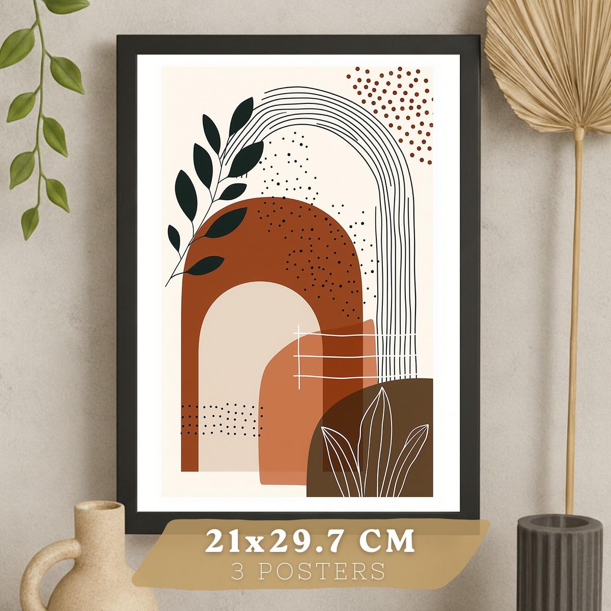 POSTER 3er Kunstdruck-Set Wandbilder Abstrakt Floral modern Wohnzimmer Deko, Schlafzimmer, Küche, Badezimmer Rahmenlos A4 - Schwarz, Papier (29.7/1/21cm) - Nacnic