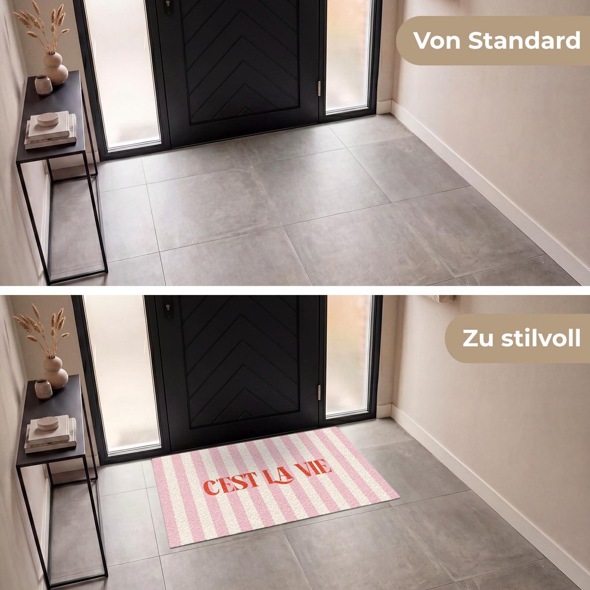 FUSSMATTE Zartrosa – Rot – Streifen – C'est La Vie 120x80 cm - Rosa, Kunststoff (120/0.4cm) - MuchoWow