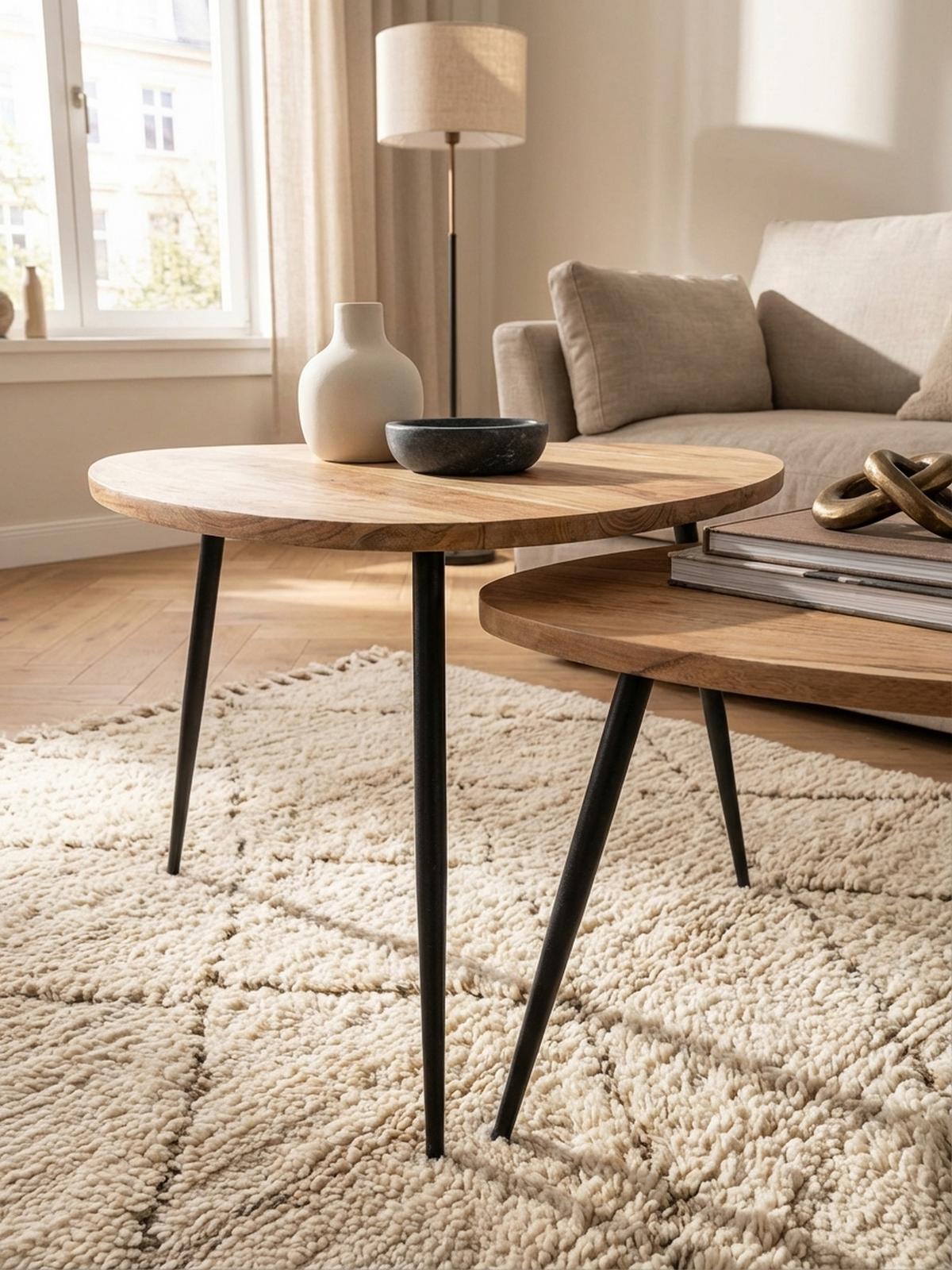 BEISTELLTISCH Set – Holz Metall Braun Schwarz 60x51x60 cm 42x37x42 cm - Beige/Schwarz, Holz/Metall (60/60/51cm) - KADIMA DESIGN