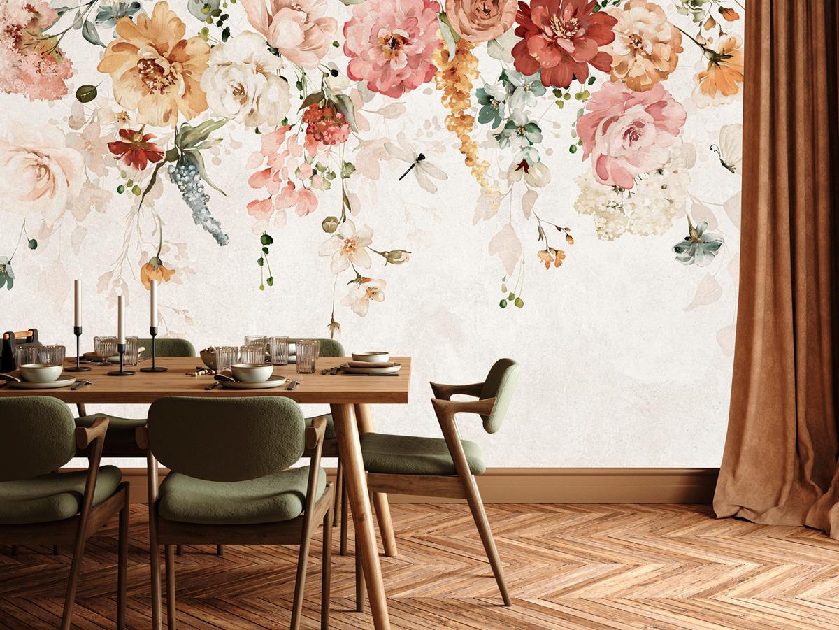 FOTOTAPETE für Esszimmer Aquarellblumen Blätter Pflanzen Pfingstrosen Rosen 450x315 - Multicolor, Papier (450/315cm) - Muralo