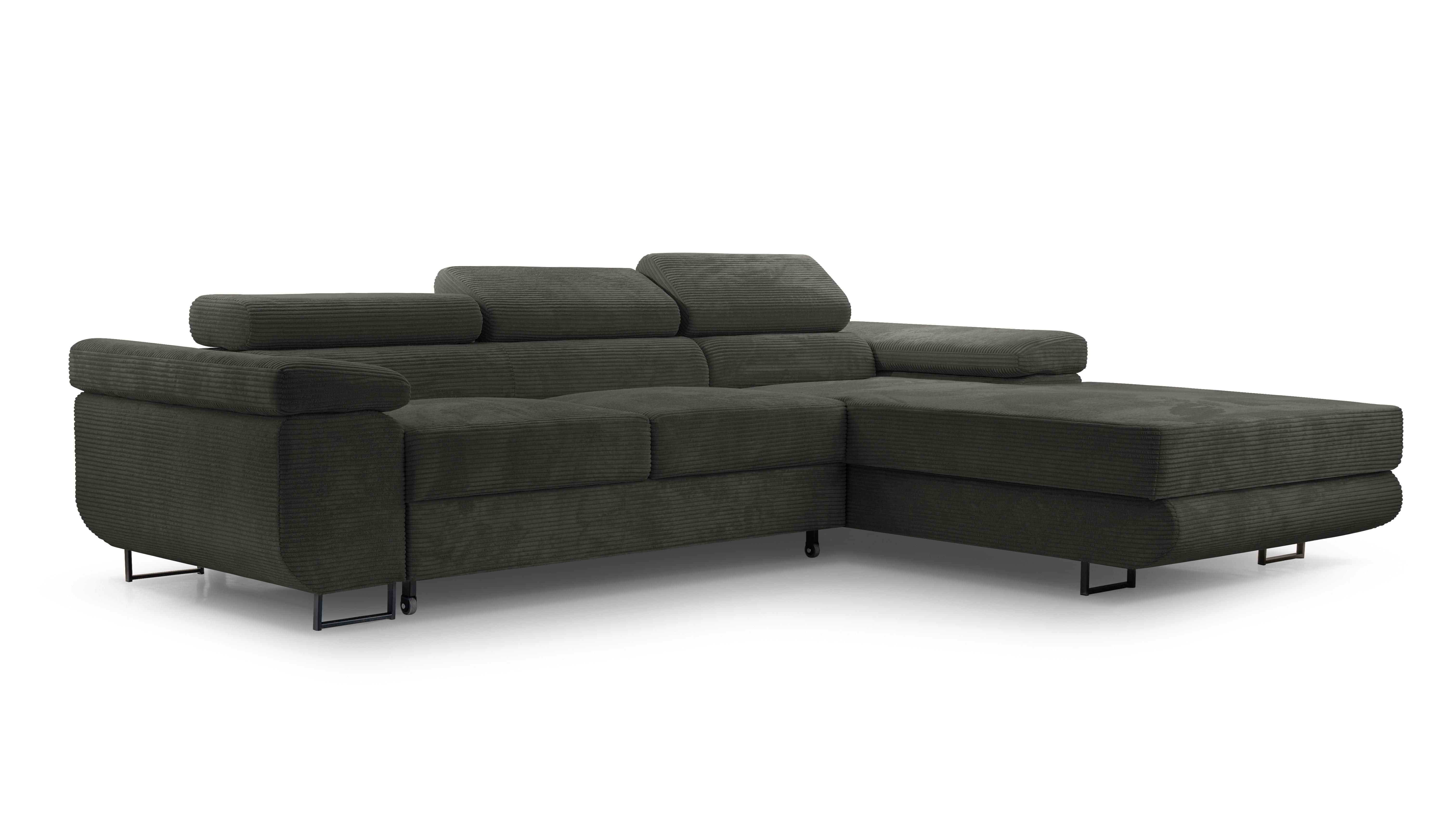 ECKSOFA GIULIO Grau Velours-Stoff mit Schlaffunktion - Grau, Holz (280/203cm) - MASSENO