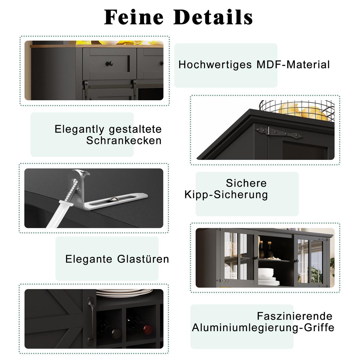 BUFFETSCHRANK Schwarz 105x180cm mit LED-Beleuchtung, Glastüren & Weinregal - Schwarz, Holzwerkstoff (105/180/38.4cm) - Urban Meuble